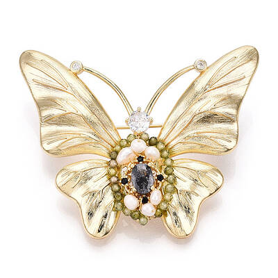Natural Pearl & Glass Butterfly Brooches for Women