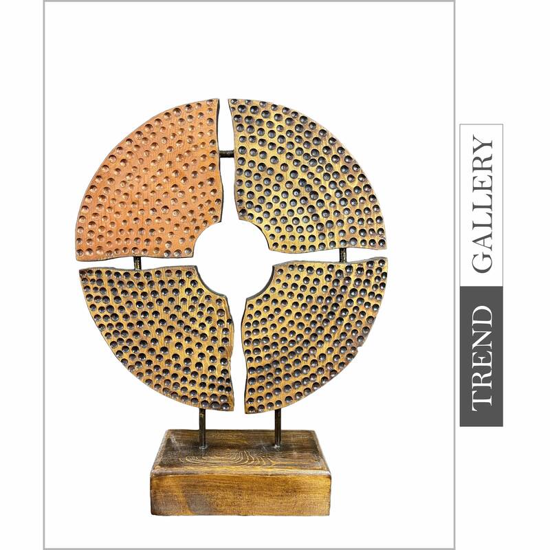 Original Wood Disc Sculpture Creative Partitioned Disk Abstract Symbol Wood Desktop Art | GOLDEN DISK 18.5"x14"