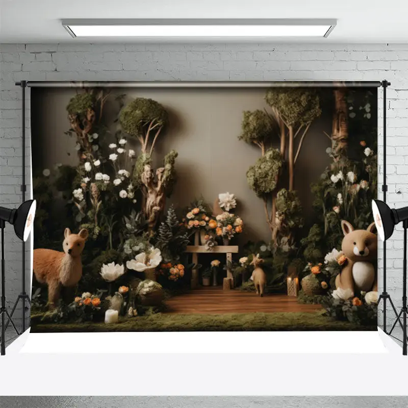 Dark Green Trees Animal Wood Birthday Photo Backdrop - Aperturee