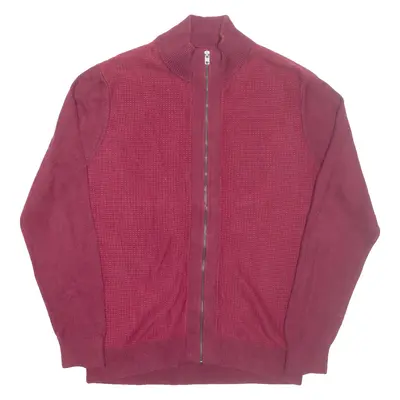 TOMMY HILFIGER Mens Cardigan Maroon High Neck Tight Knit Wool L