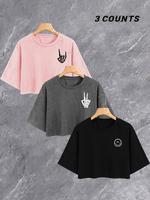 Women's Solid Skeleton Hand & Smily Face Print Round Neck Crop Tee, Fashion Casual Comfy Shortsleeve Crewneck T-shirt for Dai...