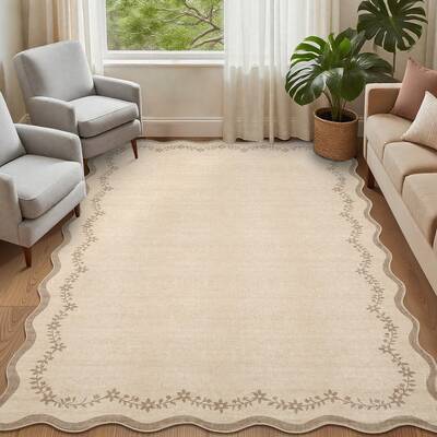 Garvee 5x7 Scalloped Area Rug Non Slip Washable Rugs for Living Room Bedroom, Low Pile Non Slip Floral Print Solid Rug for Nu...