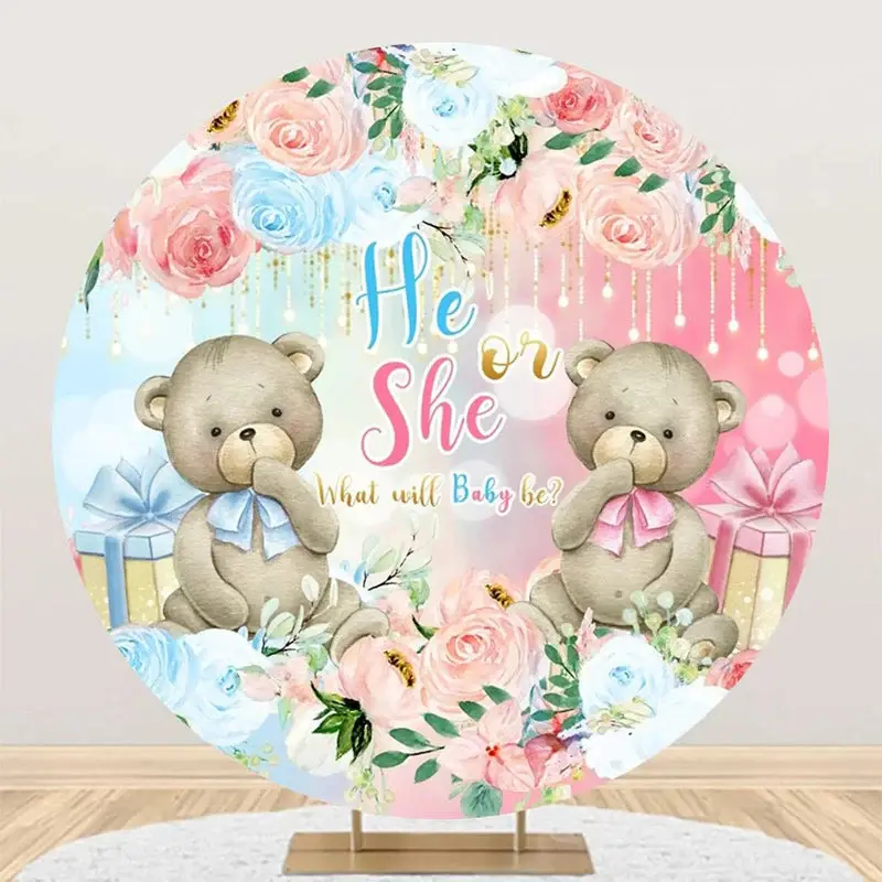 Blue Pink Floral Bears Round Gender Reveal Backdrop - Aperturee