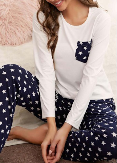 Modlily White Star Print Long Sleeve Lounge Top and Pants - XL