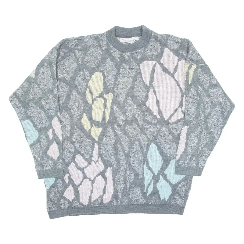 MORE IN MOTION Womens Patterned Jumper Grey Crazy Pattern 90s L