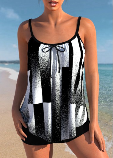 Modlily Bowknot Geometric Print Black Contrast Tankini Top - S