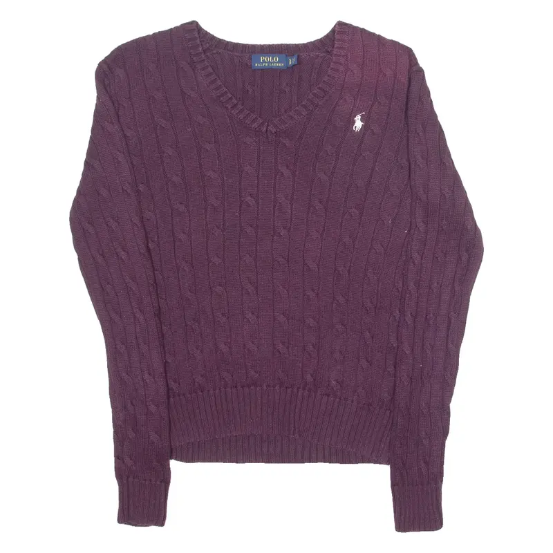 POLO RALPH LAUREN Mens Jumper Maroon V-Neck Cable Knit S