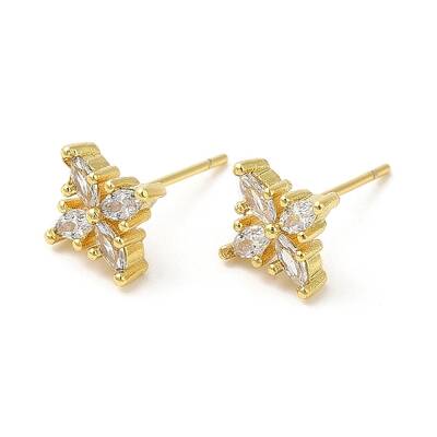 Rack Plating Brass Clover Stud Earrings with Cubic Zirconia