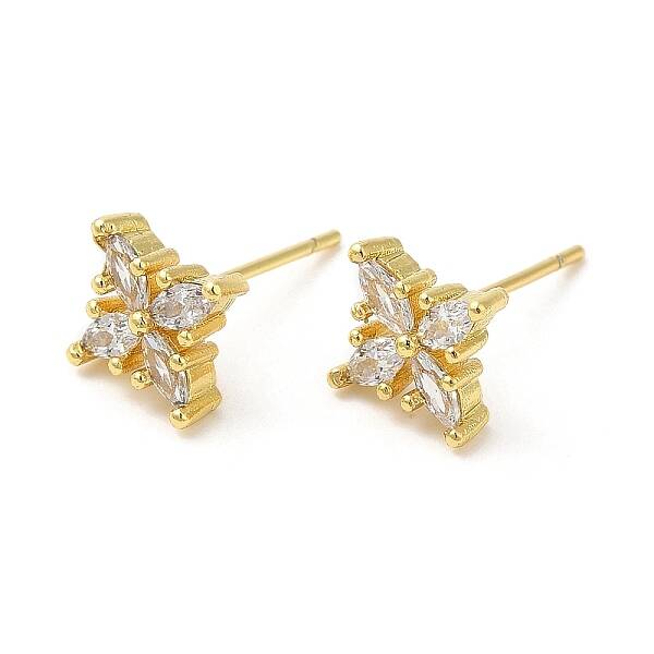 Rack Plating Brass Clover Stud Earrings with Cubic Zirconia
