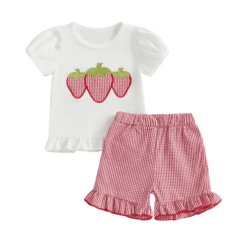 Baby Toddler Girl Strawberry Outfit Fruit Embroidery Short Sleeve Ruffle Tops Plaid Ruffle Shorts 2 Piece Summer Set