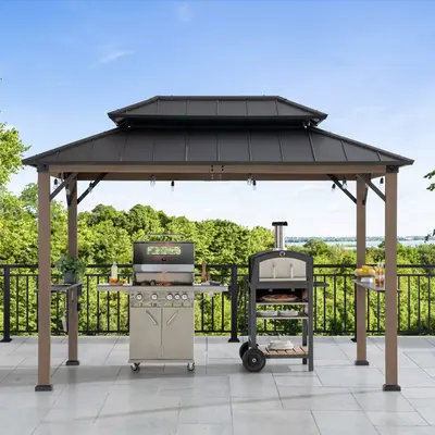 SUNJOY 8x12 Brown Hardtop Grill Gazebo with Electrical Outlets and Shelves