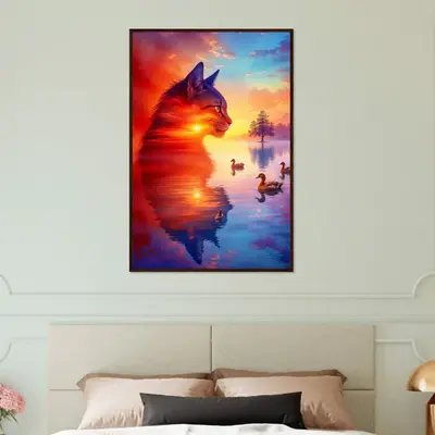 Tranquil Reflection - Cat at the Lake Wall Art