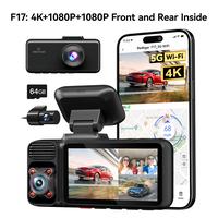 REDTIGER 4K 3 Channel Dash Cam, 5GHz WiFi Built-in GPS with 64GB Card, 2160P+1080P+1080P Front and Rear Inside, Triple Car Ca...