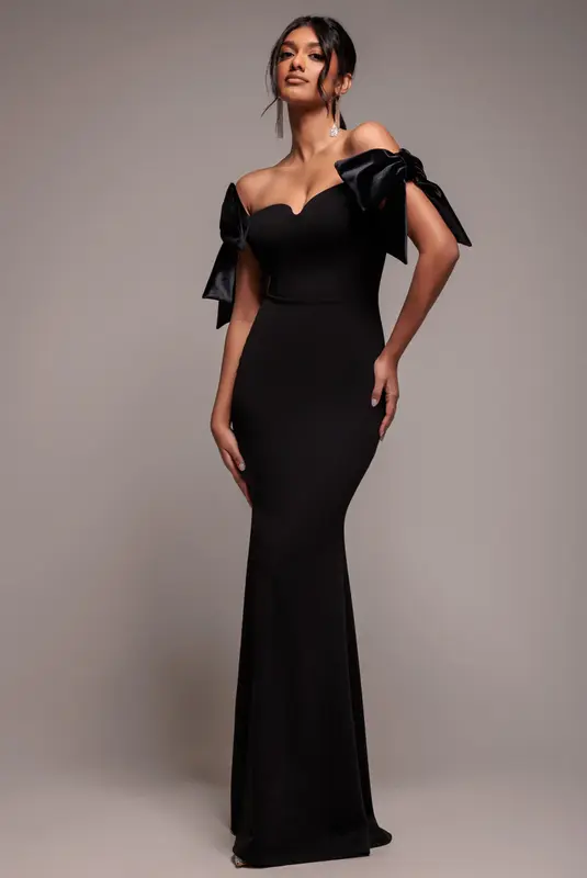 Goddiva Scuba Off The Shoulder Velvet Bow Maxi Dress - Black