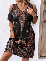【Plus Size】 Floral Print Cold Shoulder Dress, Classy Boho Fashion Classy Casual Short Sleeve Dress for Daily Holiday Vaca...