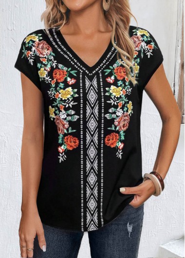 Modlily Black Patchwork Floral Print Short Sleeve T Shirt - S