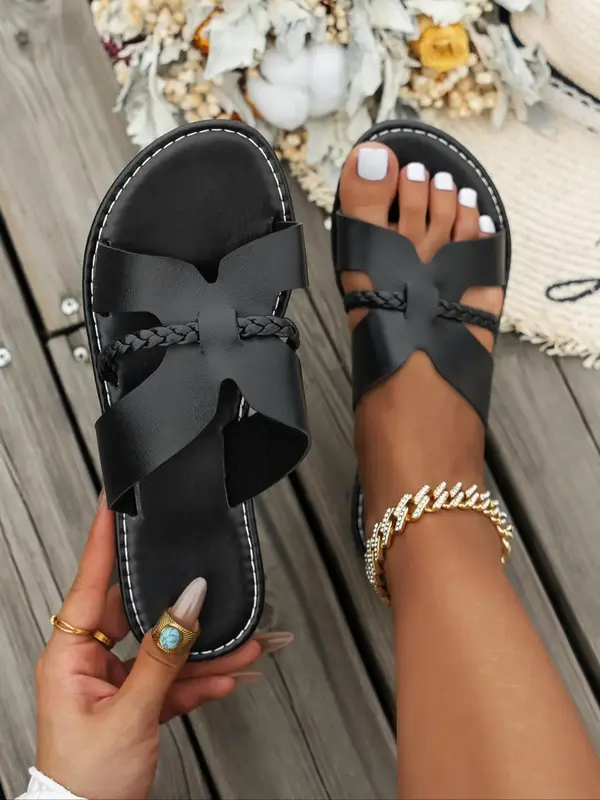 Women's Fashionable Bow Decor Slip on Sandals, Casual Open Toe Flat Sandals for Beach, All-match Commuter Shoes for Work & Da...