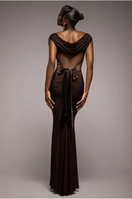 Goddiva Open Back Cowl Neck Gathered Maxi Dress With Velvet Tie Back - Brown