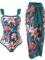 Women's Floral Print One-piece Swimsuit & Cover Up Skirt Set, Casual Swimwear Set, Ladies Swimsuit for Beach Holiday Vacation...