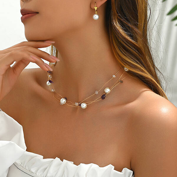 Elegant Round Glass Pearl & Natural Amethyst Chips Jewelry Set