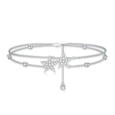 Sterling Silver Cubic Zirconia Star Multi-layered Anklet