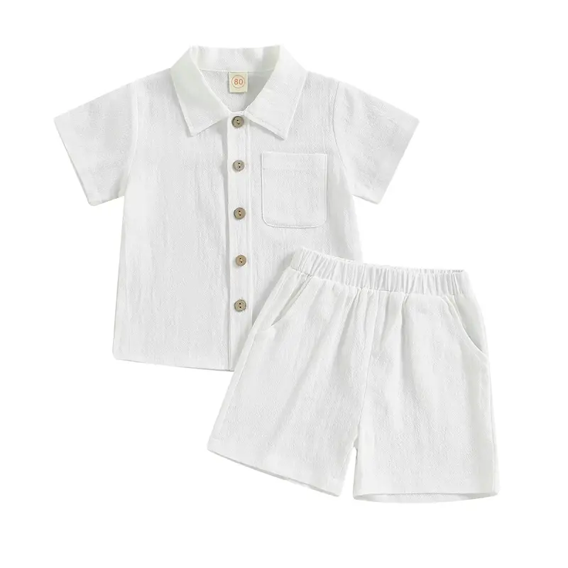 Toddler Boy Linen Shorts Outfit Button Up Short Sleeve Shirts with Pocket Solid Color Baby Boy Summer Clothes Set