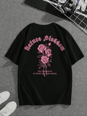 Men's Floral & Letter Print Drop Shoulder Graphic Tees, Regular Fit Casual Round Neck Short Sleeve T-Shirt, Summer Clothes, ...