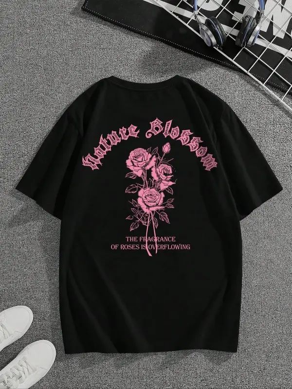 Men's Floral & Letter Print Drop Shoulder Graphic Tees, Regular Fit Casual Round Neck Short Sleeve T-Shirt, Summer Clothes, ...