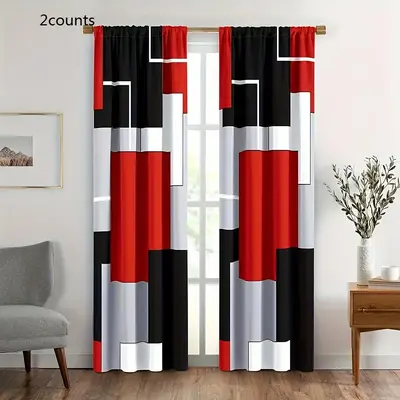 Geometric Print Curtain, 2 Counts Colorful Rod Pockets Window Curtain, Suitable for Living Room Bedroom Office Hotel Decor