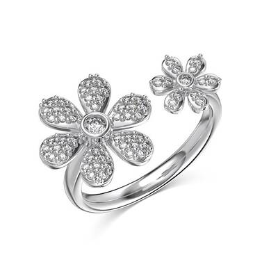 Flower Rhodium Plated 925 Sterling Silver Micro Pave Clear Cubic Zirconia Open Cuff Rings for Women