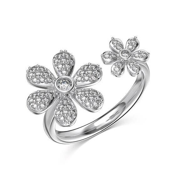 Flower Rhodium Plated 925 Sterling Silver Micro Pave Clear Cubic Zirconia Open Cuff Rings for Women