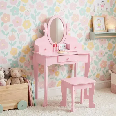 Garvee Kids Vanity Set with Adjustable Angle Mirror, Drawers and Stool Suitable for Age 3-10, Pink