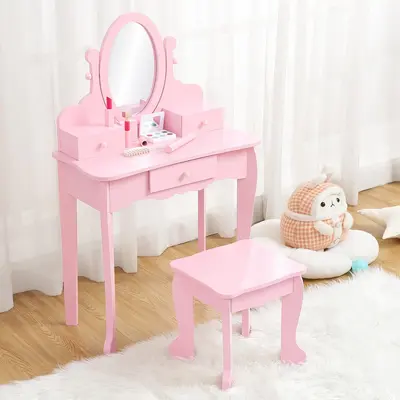 Garvee Girls' Vanity Set with Mirror and Drawer, Makeup Table and Stool for Kids, Pretend Play Dress-Up Fun with Chair Makeup...