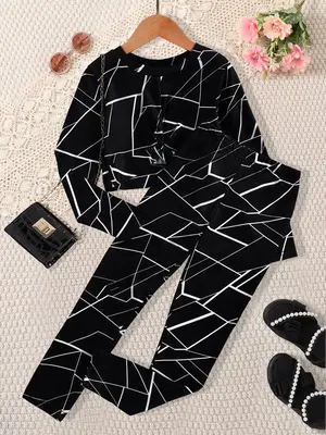 Two-Piece Set Girl's Striped Print Sweatshirt & Elastic Waist Sweatpants Set, Casual Round Neck Long Sleeve Pullover & Jogger...