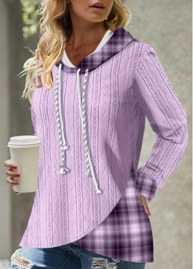 Modlily Light Purple Asymmetric Hem Tartan Print Hoodie - XXL