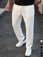Men's Solid Color Textured Drawstring Waist Pants, Regular Fit Casual Comfy Breathable Plain Straight Leg Casual Fit Drawstri...