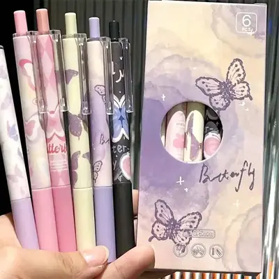 Butterfly Pattern Gel Pen (6 Counts/box), 0.5mm Quick Dry Black Ink Pen, Smooth Writing Pen, Stationery Supplies for Home Sch...