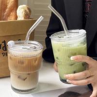 Glass Cup with Straw & Lid, 2 Counts Portable Ice Coffee Cup, Drinking Cup for Home Office, Summer Gift, Kitchen Food Accesso...