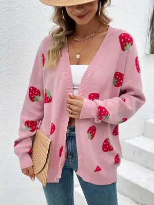 Women's Strawberry Print Drop Shoulder Cardigan, Casual Cute Long Sleeve Knitwear for Daily Outdoor Wear, Women's Knitwear fo...