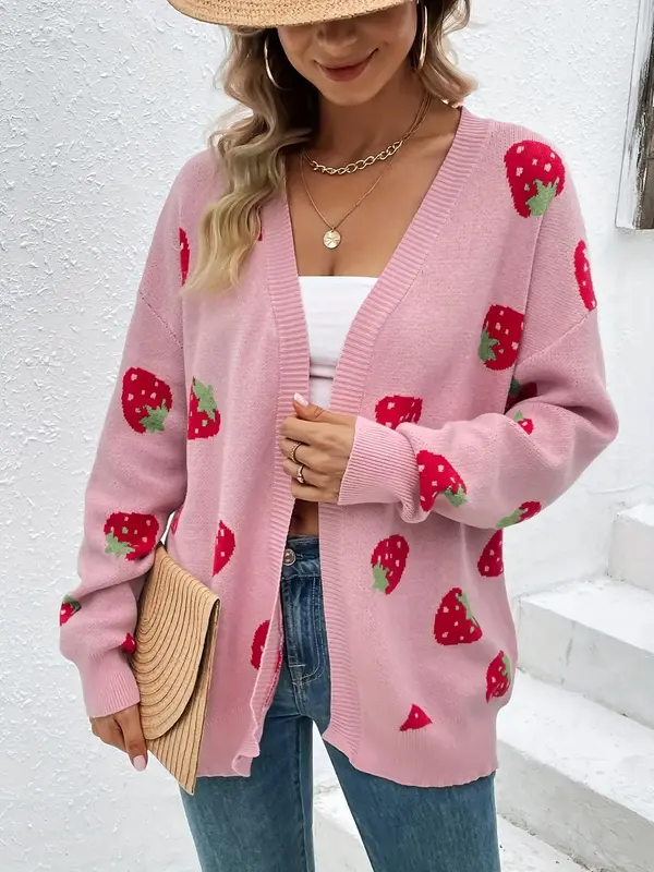 Women's Strawberry Print Drop Shoulder Cardigan, Casual Cute Long Sleeve Knitwear for Daily Outdoor Wear, Women's Knitwear fo...