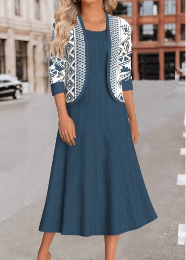 Modlily Peacock Blue Two Piece Geometric Print Dress and Cardigan - XXL