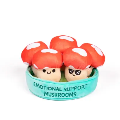 Emotional Support Mushrooms - 5 Plush Toys in Basket | Whimsical & Cute Gift for All Ages