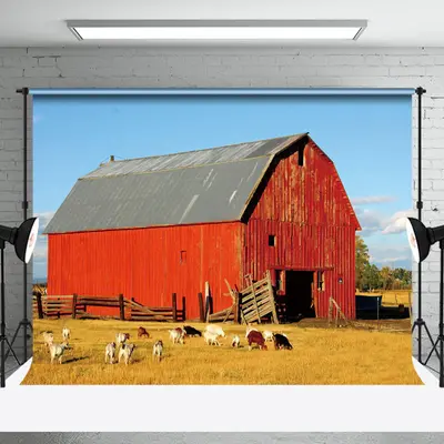 Red Barn Farm Cow Retro Wall Photography Backdrop - Aperturee