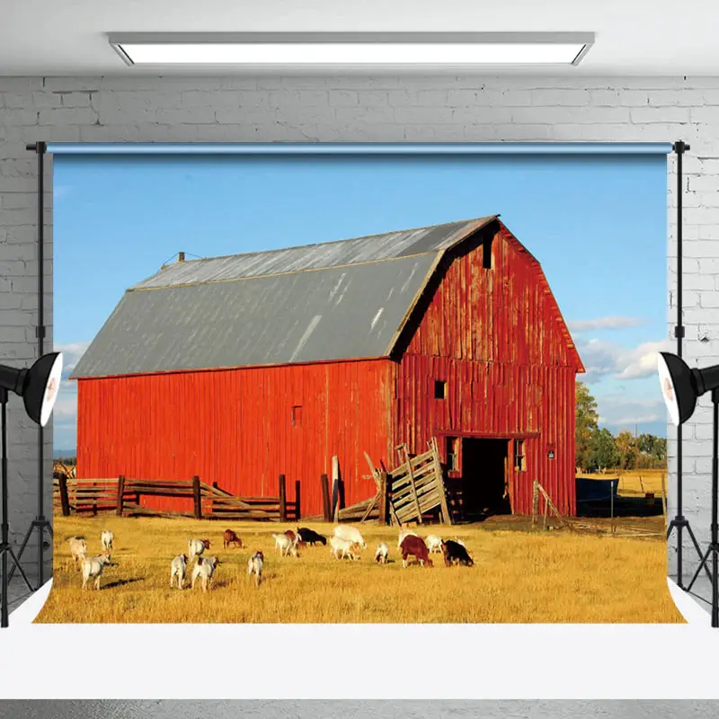 Red Barn Farm Cow Retro Wall Photography Backdrop - Aperturee