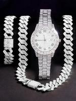 Men's Street Trend Rhinestone Decorated Quartz Watch & Cuban Chain & Bracelet, Fashion Watch Set for Party, Daily Decor, Tren...
