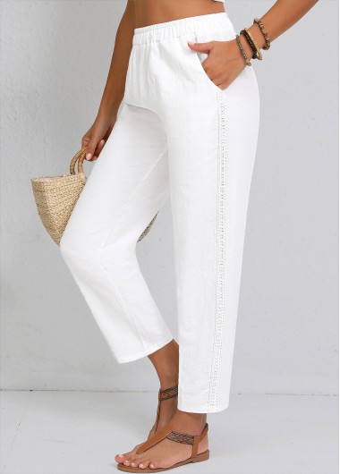 Modlily White Straight Leg Elastic Waist High Waisted Pants - L