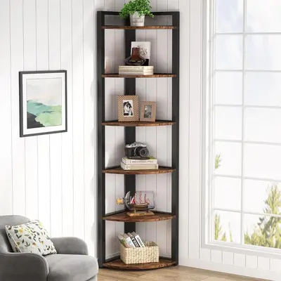 Tribesigns 5 Tier Corner Shelves, Rustic Industrial Corner Bookshelf Bookcase