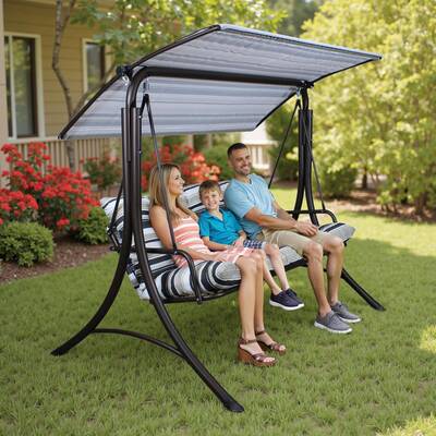 SUNJOY 3-Seat Italian-Made Patio Swing Chair with Adjustable Canopy and 4 Cushions – Stripe