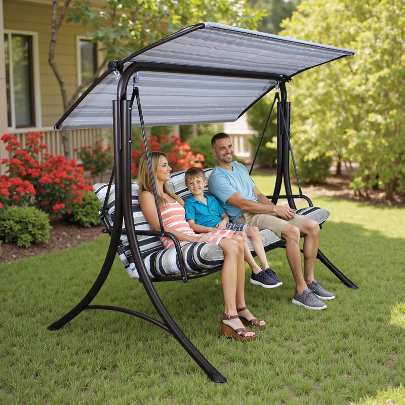 SUNJOY 3-Seat Italian-Made Patio Swing Chair with Adjustable Canopy and 4 Cushions – Stripe