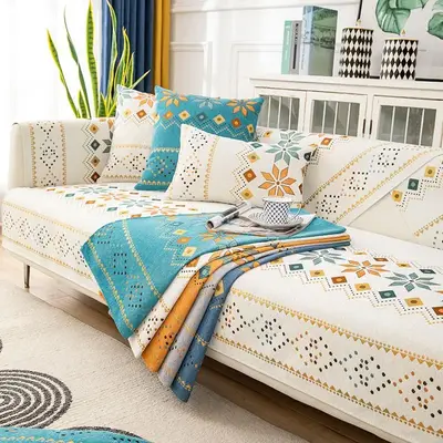 Boho Geometric Pattern Sofa Cover, 1 Count All Season Universal Non Slip Sofa Protector, Anti Dirty Furniture Protector for L...